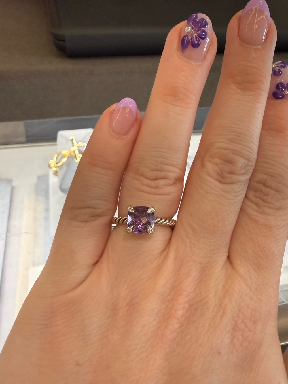 David Yurman Chatelaine Sterling Silver Ring w/ Amethyst and Diamonds - Size 6.5